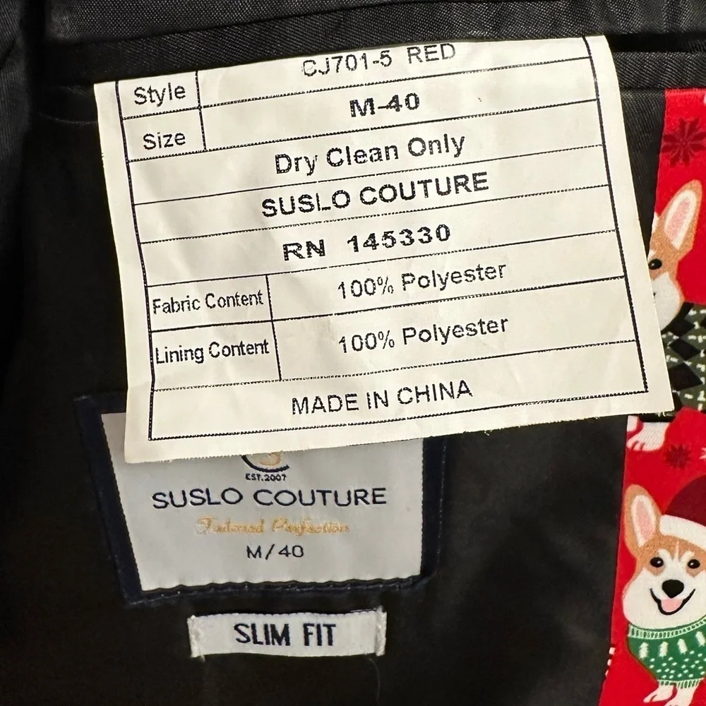 Suslo Couture Christmas Corgi Dog Mens M Red Blazer Slim Fit Lined party holiday